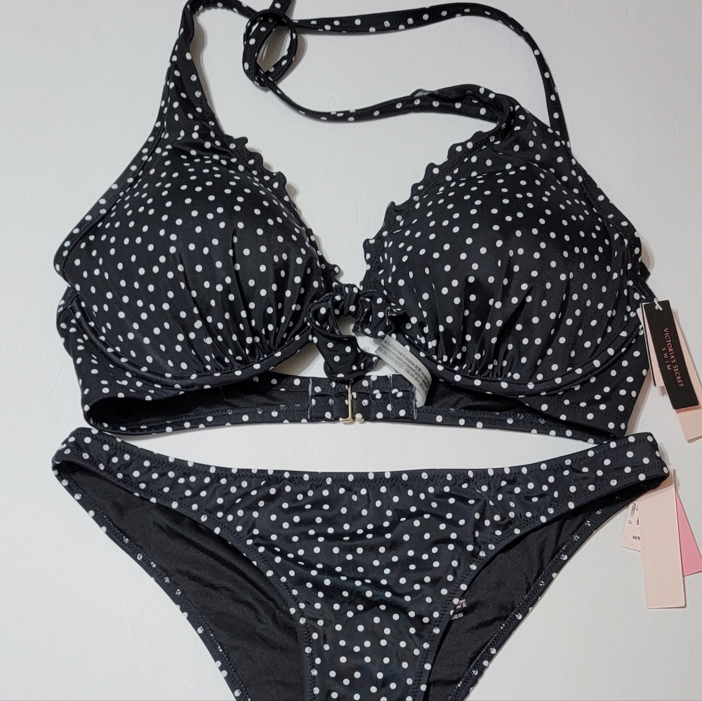 NWT Victoria's Secret Capri Ruffle HalterTop/Zuma Micro Bikini Bottom Polka Dot
